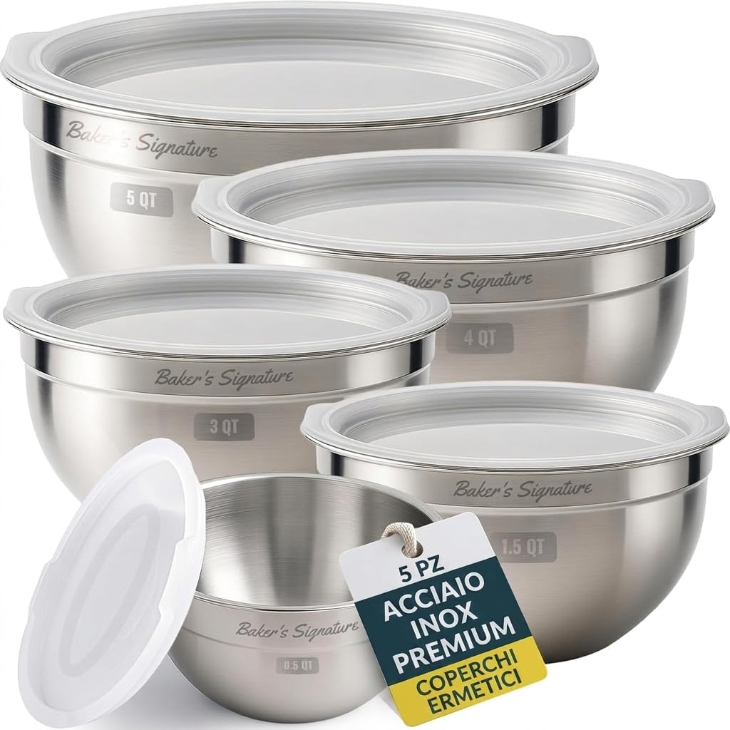 Baker's Signature Set di 5 ciotole in acciaio inox con coperchio, set di 5 ciotole per mescolare alimenti, cottura e servire, lavabili in lavastoviglie e adatte al microonde, 0,5/1,5/3/4/5 Qt