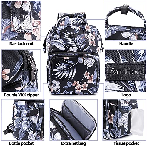 Image of AmHoo Insulated Lunch Box Cooler Backpack Waterproof Leak-Proof Lunch Bag Tote for Men Women Hiking Beach Picnic Trip with Strongest YKK Zipper Black Flower Pattern