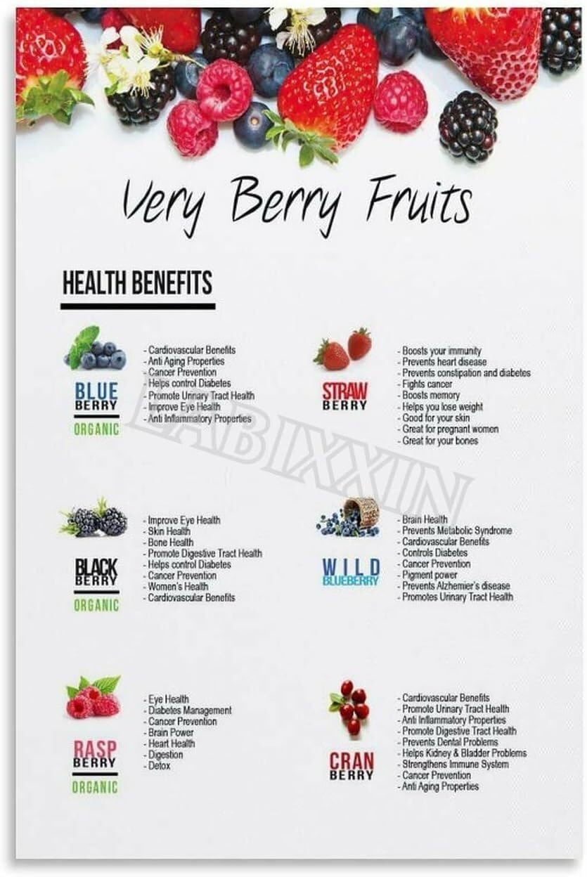 FNYUVNFAF Berries Superfood Guide Health Benefits and Nutrition Chart for Healthy Eating Kitchen Poster Unframed,12x18inch(30x45cm)