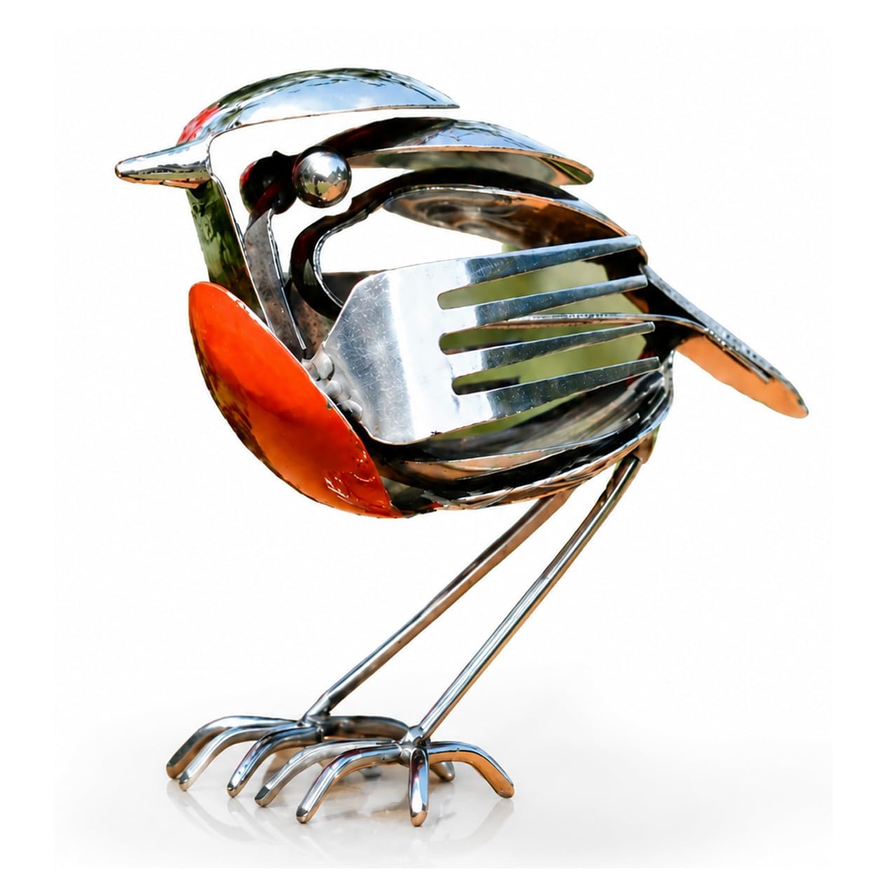 Recycled Fork & Spoon Robin Figurine, Metal Robin Garden Ornament, Rustic Red Chest Bird Statue, Scrap Metal Art Decor, Robin Bird Scrap Metal Art Sculpture for Garden, Patio or Office Desk