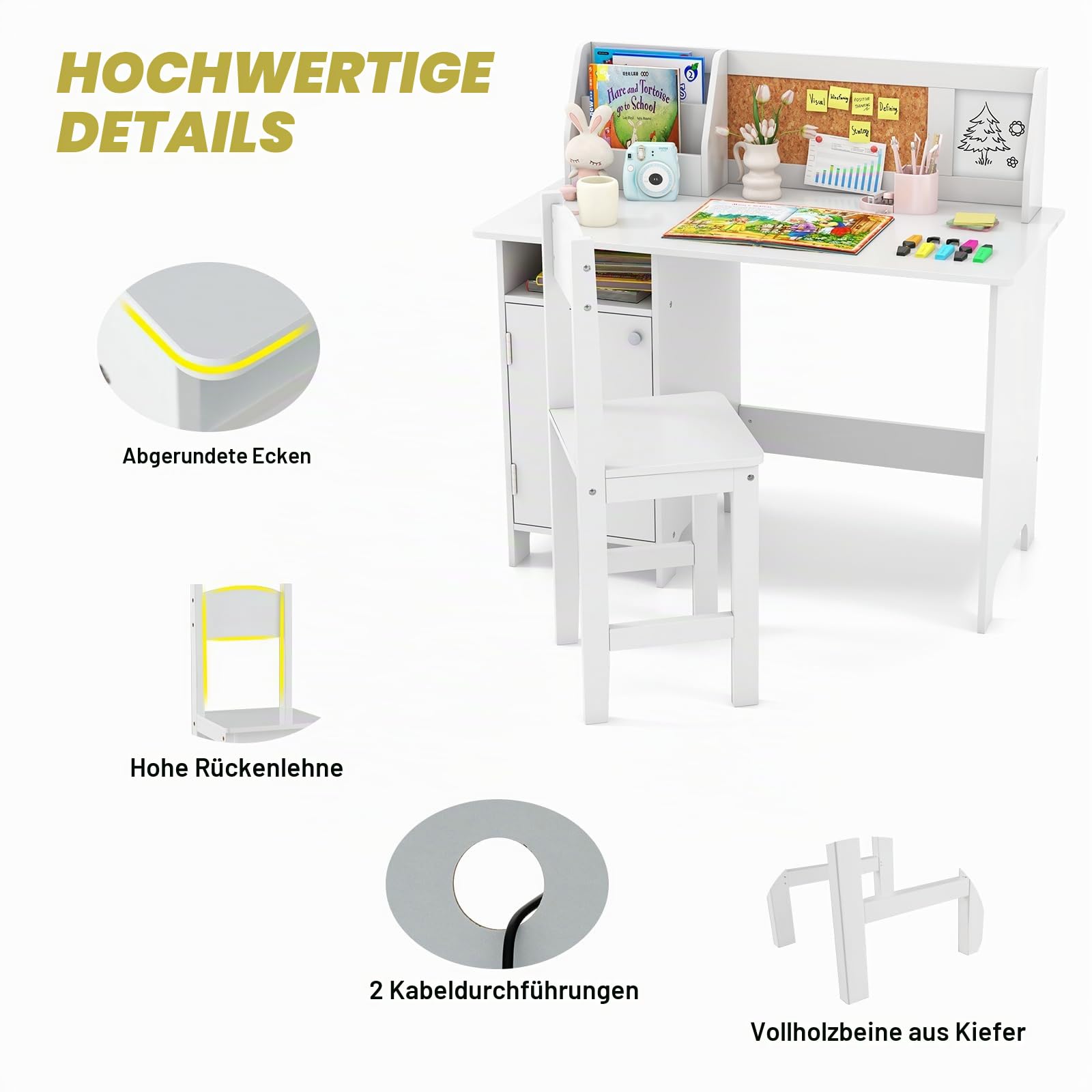 LIFEZEAL Kinderschreibtisch mit Holzstuhl, Lerntisch mit Ablagefach und Tafel, Kindersitzgruppe ab 3 Jahren, Kinderschreibtisch Kinderzimmer für Junge Mädchen (Weiß)