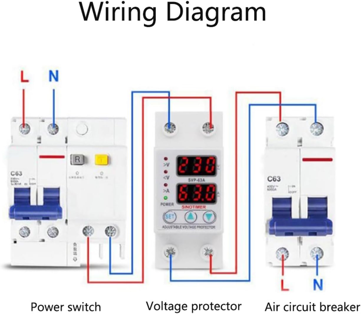 Wiring diagram for the Walfront SVP-63A Voltage Current Protector, showing connections between a power switch, the voltage protector, and an air circuit breaker. Input and output terminals are clearly marked.