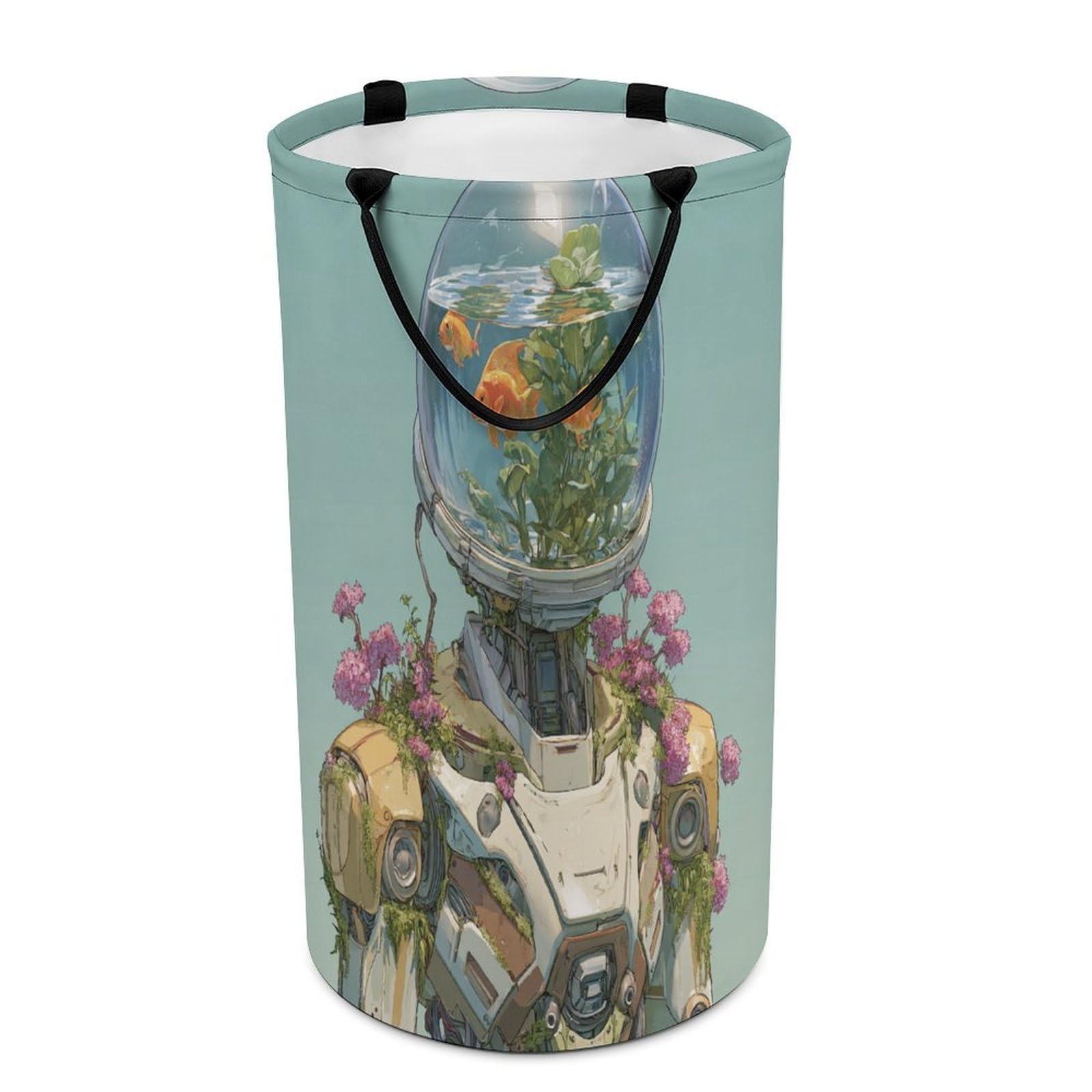 LUYYSKY Classic Vintage Funny Astronaut Versatile Storage Laundry Basket, Modern Abstract Robot Animal Goldfish Plant Flowers Large Bathroom Laundry Hamper With Handle-40 CM Dia, 69 CM High