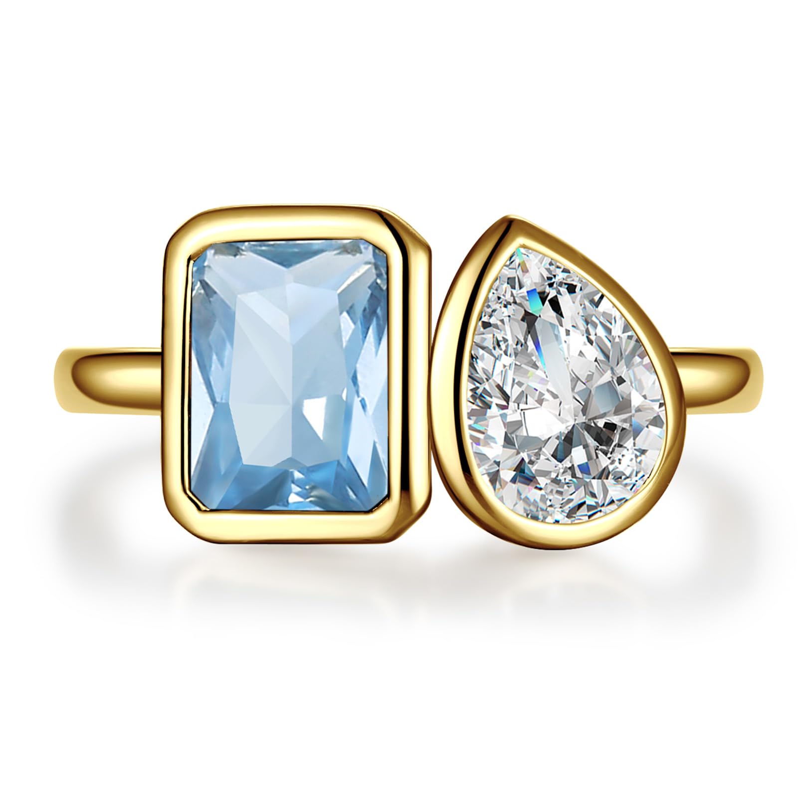 Yaresul Anillo de compromiso Toi Et Moi de plata de ley 925 chapado en oro de 14 quilates, anillo de compromiso para mujer, anillo de doble piedra, esmeralda y circonita cúbica de corte pera, anillo