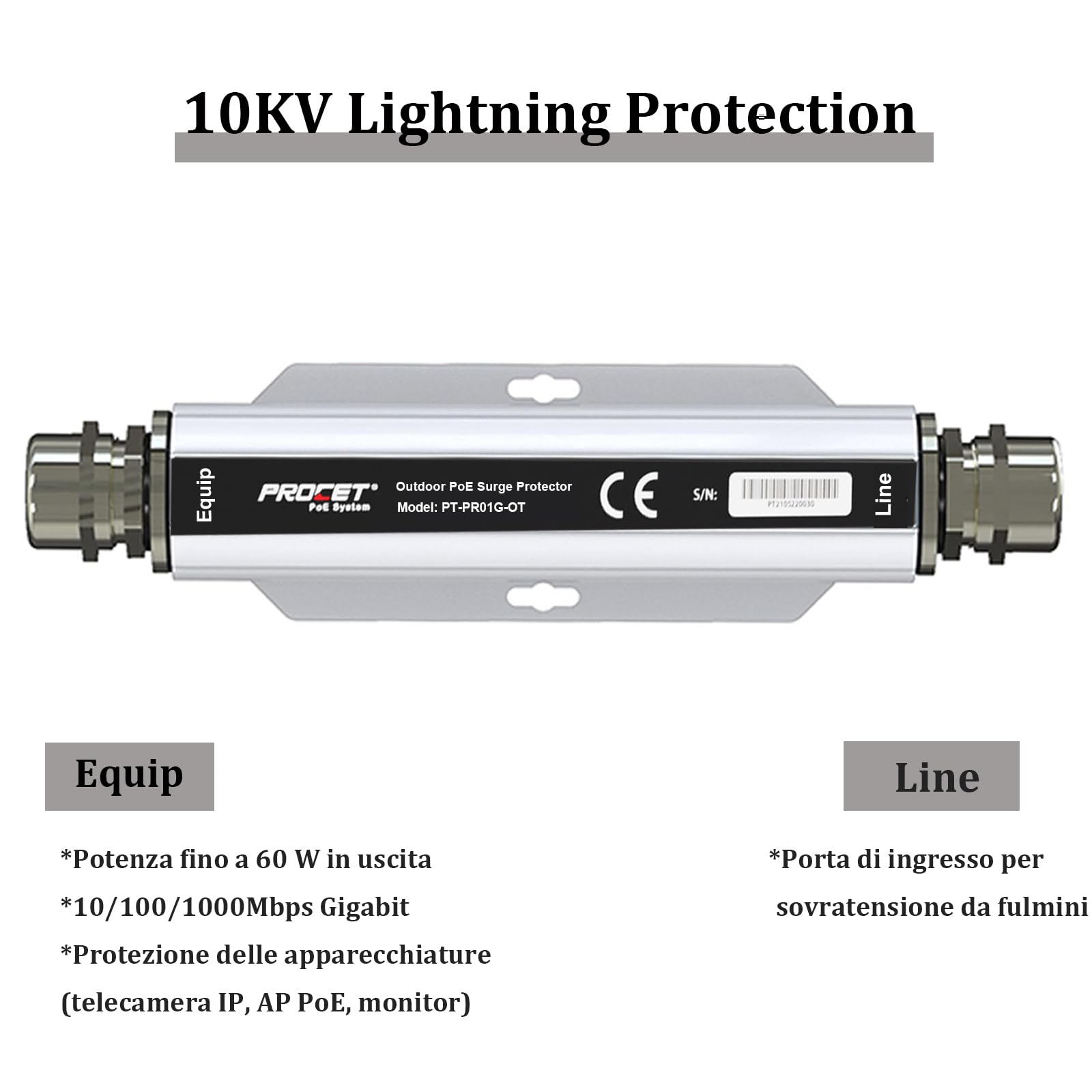 PROCET 10KV PoE Surge Protector Outdoor Gigabit Fino a 60W, 40℃ a 65℃, Lega di Alluminio IP67 Impermeabile Ethernet Thunder Surge Arrestor, PT-PR01G-OT