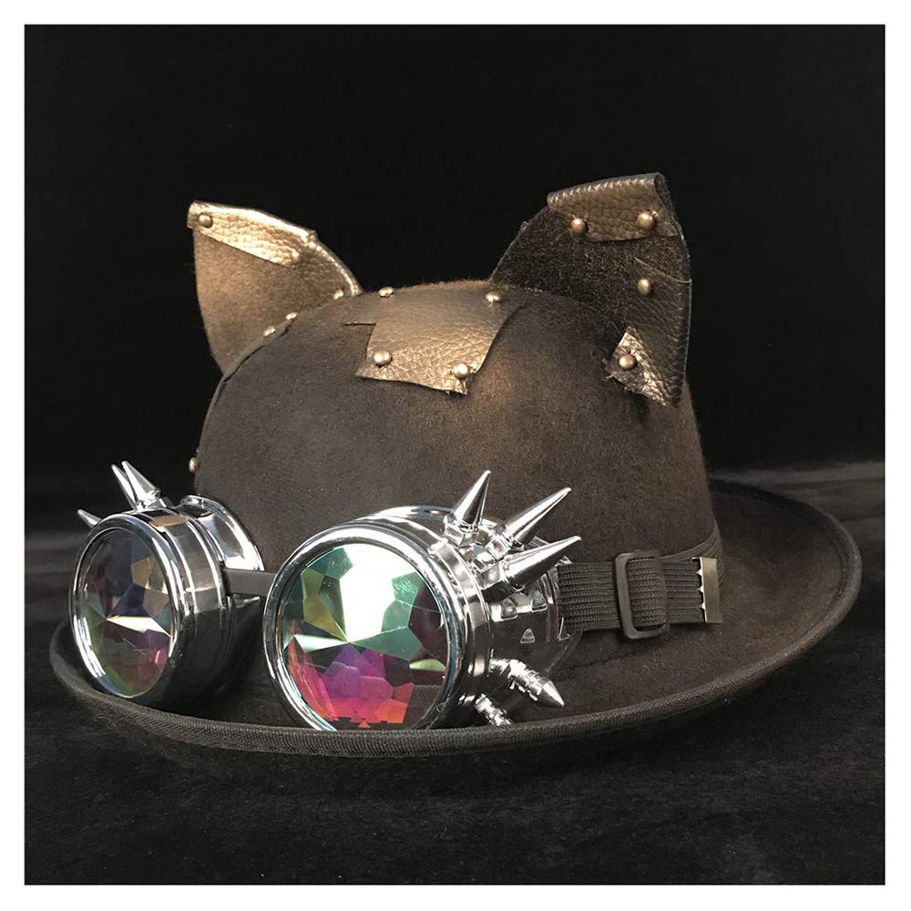 SSLA Women Men Steampunk Bowler Hat Glasses Topper Top Hats Cat Ear Luxury Fedora Hat (Color : Black BLY, Size : 57-58cm)
