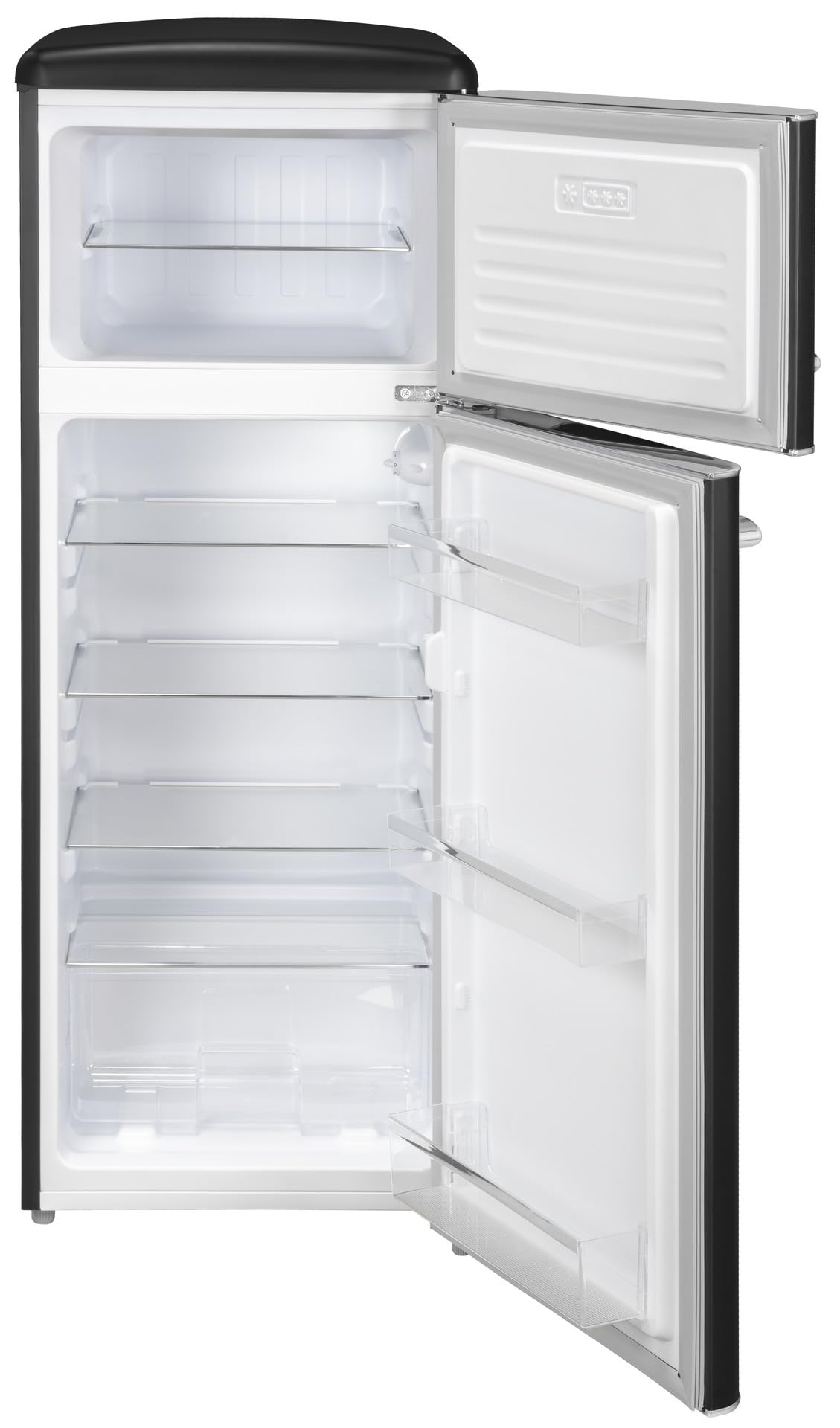 Exquisit® Lodówka dwudrzwiowa, Pojemność 206L, Zasięg Energetyczny E, Szklane Półki, Szuflada Verduler, Regulacja wysokości, Oświetlenie LED Matowy Czarny, Wymiary 146,5x54,5x57,5 cm.