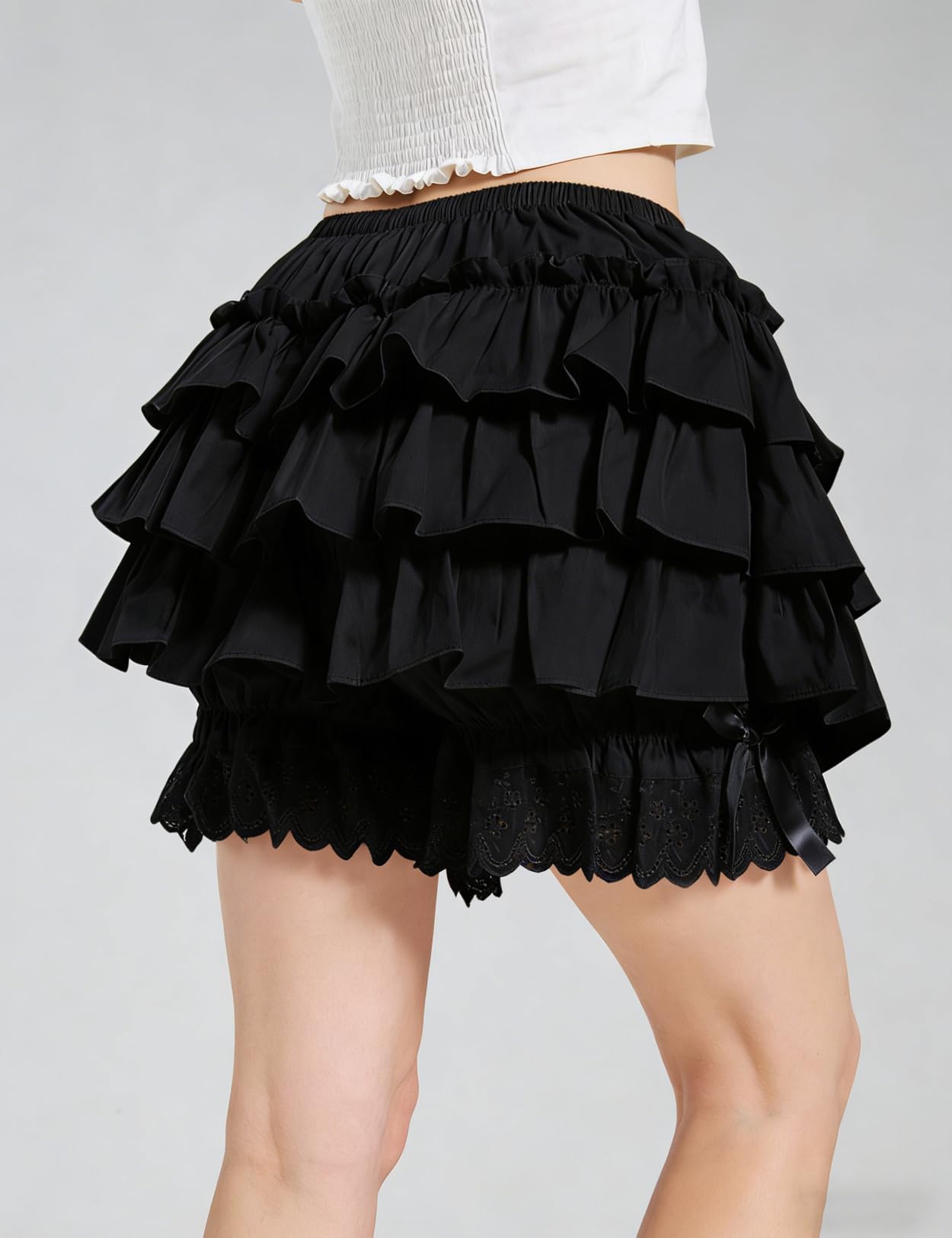 BEAUTELICATE Damskie szorty Bloomers 100% bawełna retro czółenka z falbankami szorty Pumpkin Pantaloons Pettipants z kokardką kość słoniowa czarne