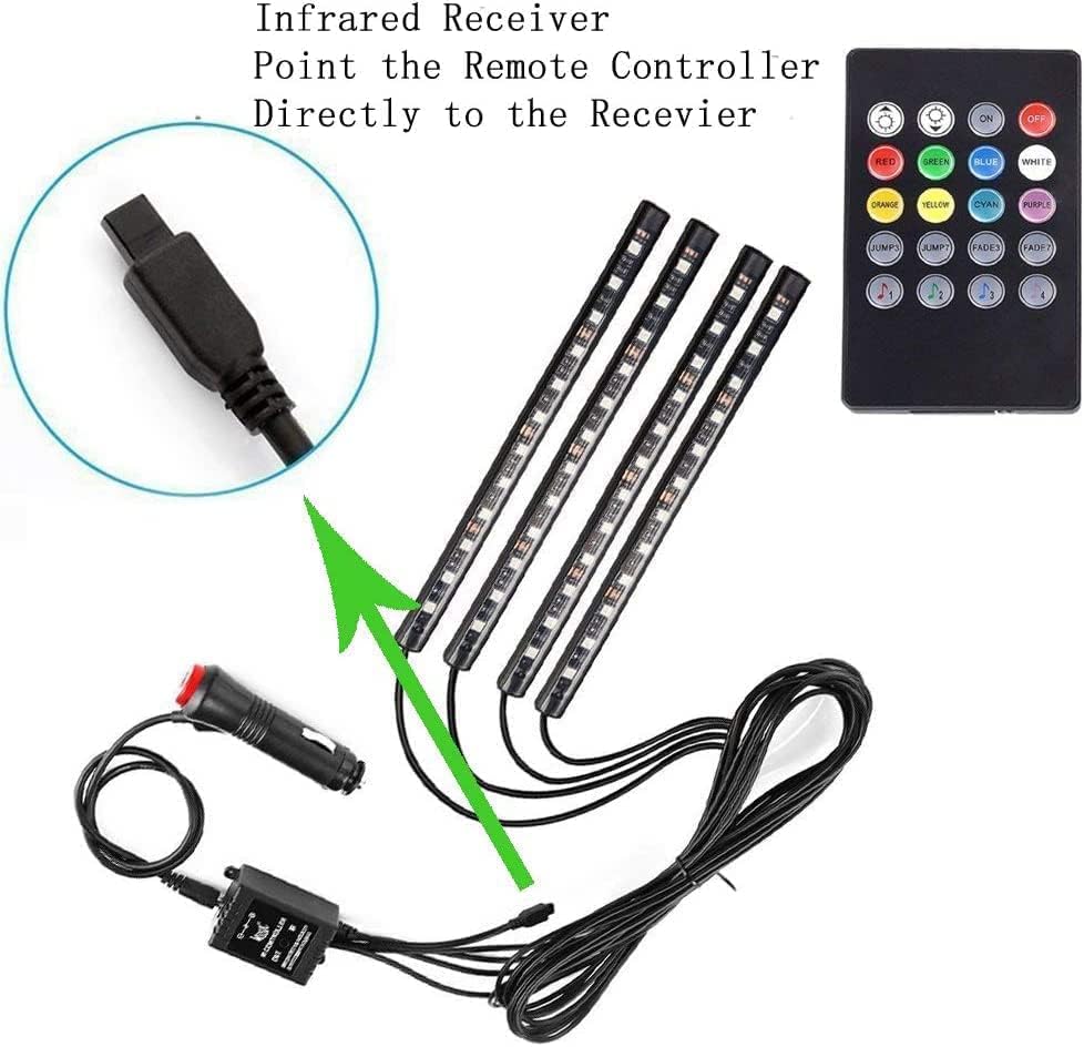 Car LED Strip Light,Uniwit 4 Pieces DC 12V Multicolor Car Interior Music Light LED Underdash Lighting Kit with Sound Active Function and Wireless Remote Control Including Car Charger