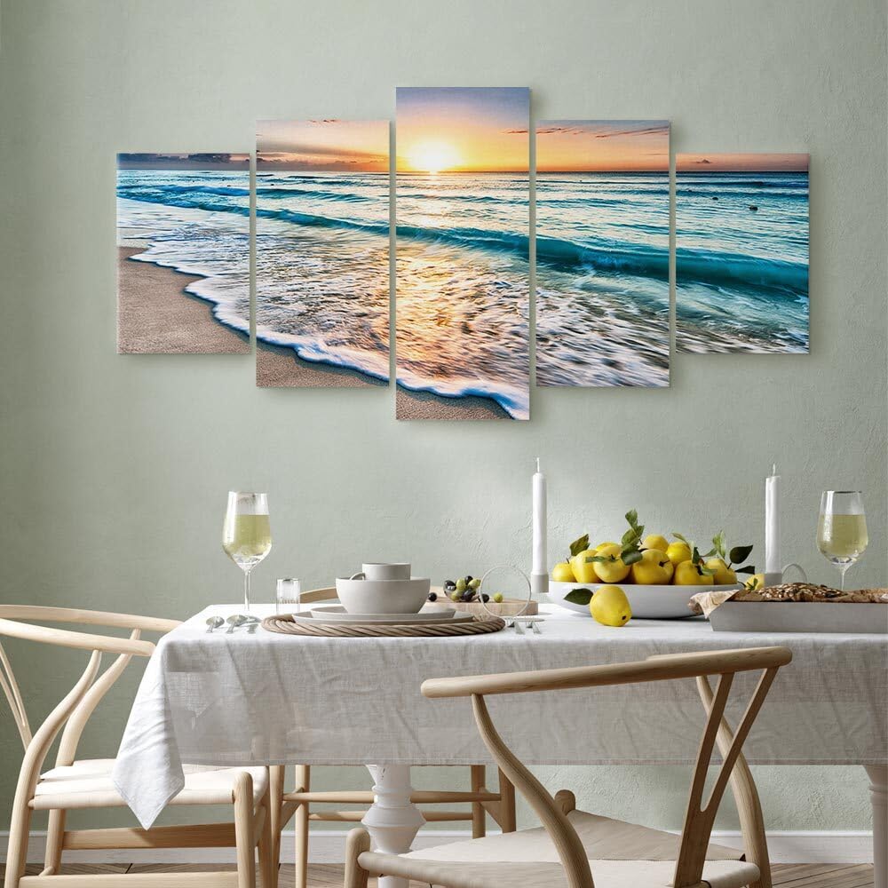 decomonkey Cuadro Lienzo Mar Playa puesta de sol 200x100 cm 5 piezas | Impresión sobre material tejido no tejido, decoración de cuadro de pared, gráfica fotográfica, para salón, Paisaje, diseño 32