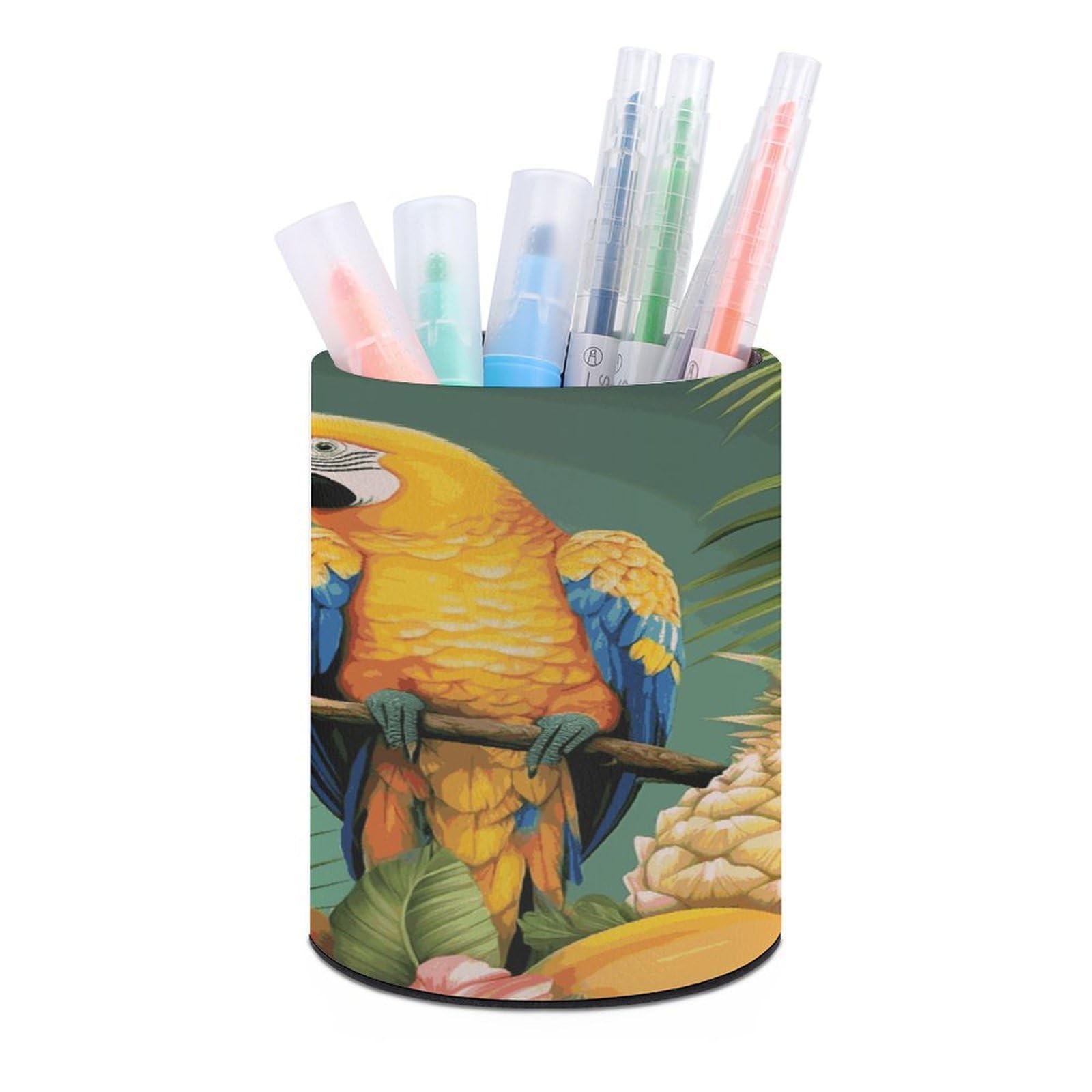 LDGSUPH Summer Parrot Pineapple Bird Round Pen Holder Leather Pen Cup Pencil Cup Pen Organizer Pencil Holder for Desk Organizer Pencil Organizers Makeup Brush Holders for Home Office Gift