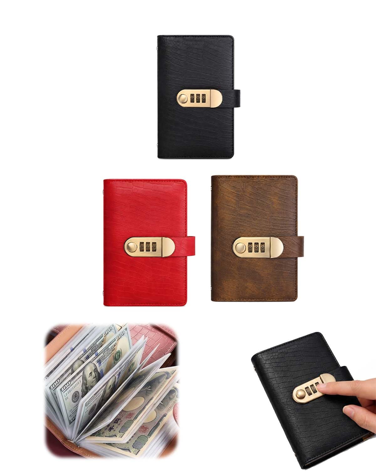 Savings Book with Lock Cash Organizer for Budgeting，Black+Red+Dark Brown