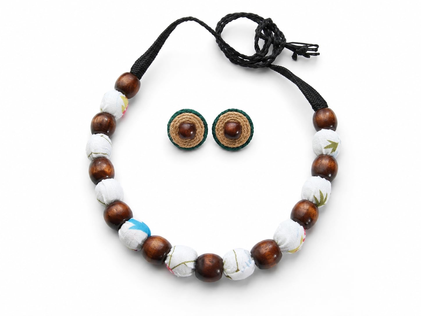 Handcrafted Wooden Bead & Fabric COATED Jewelry Set with Matching Earrings, Cotton String Necklace, Handmade wood Beaded Jewellery, Classic Style, Colour reflects Energy & Enthusiasm with Warmth & Comfort-image-14