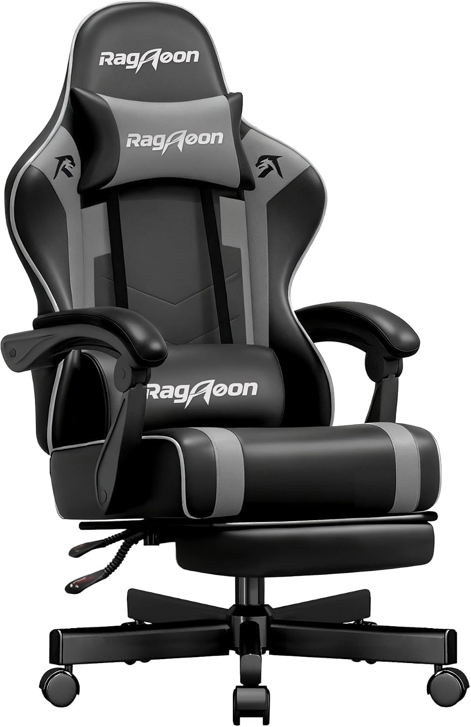 Riftracer Gaming Stuhl Chair Gamer Sessel - Büro‑ und Gamer‑Drehsessel, höhenverstellbar, mit Fußstütze, Kopf‑ und Lendenkissen, 51cm Sitzbreite, Tragkraft 220 Kg, Schwarz und Grau