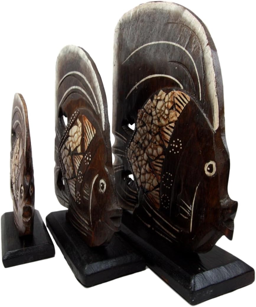 Balikraft Hand Made Wood Artisans "Ikan Telur" River Angel Fish Family With Crushed Egg Shells Fin Set of 3 Decorative Figurines 10"H