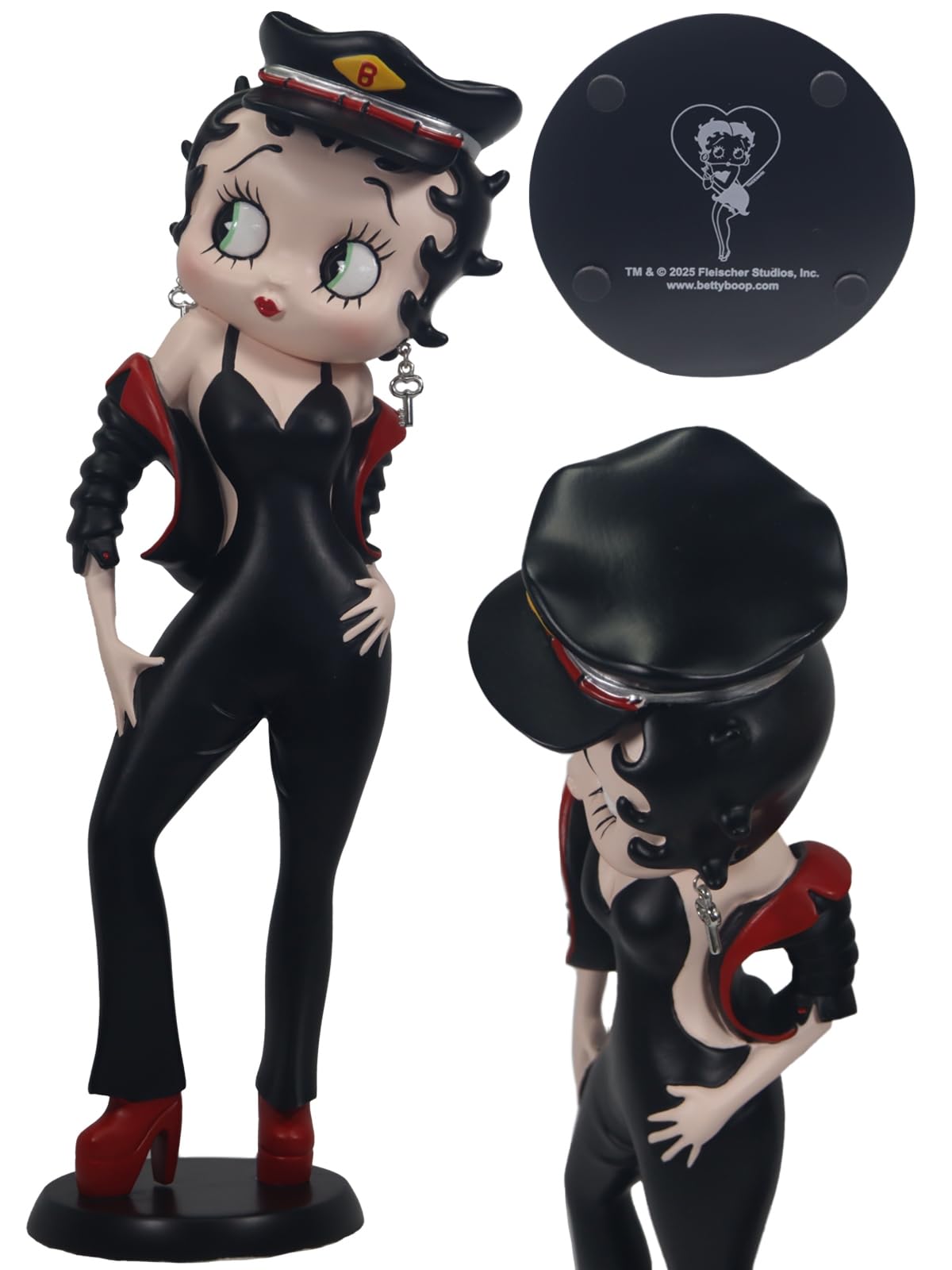 Middle-England Betty Boop Biker-Mädchen mit schwarzer Jacke mit rotem Rand, roten Stiefeln und Hut, handbemalte Polystein-Statue, dekoratives Ausstellungsstück