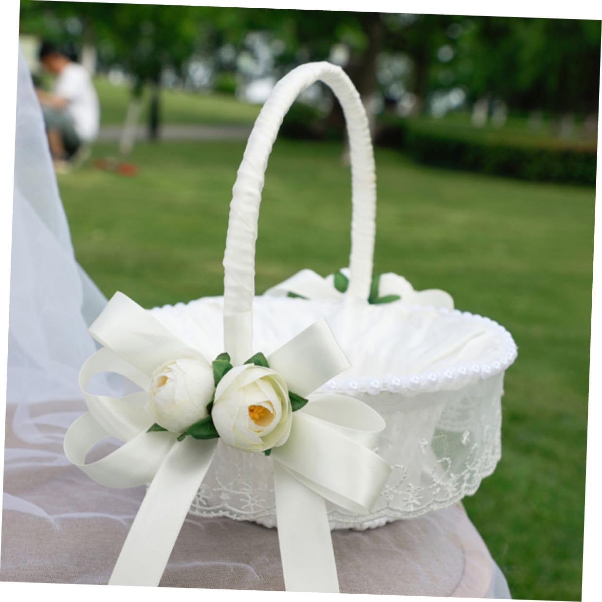 Rustic Woven Flower Girl Basket Small Wedding Ceremony Basket with Ribbon Handle for Rose Petal Collection and Party Favor Storage