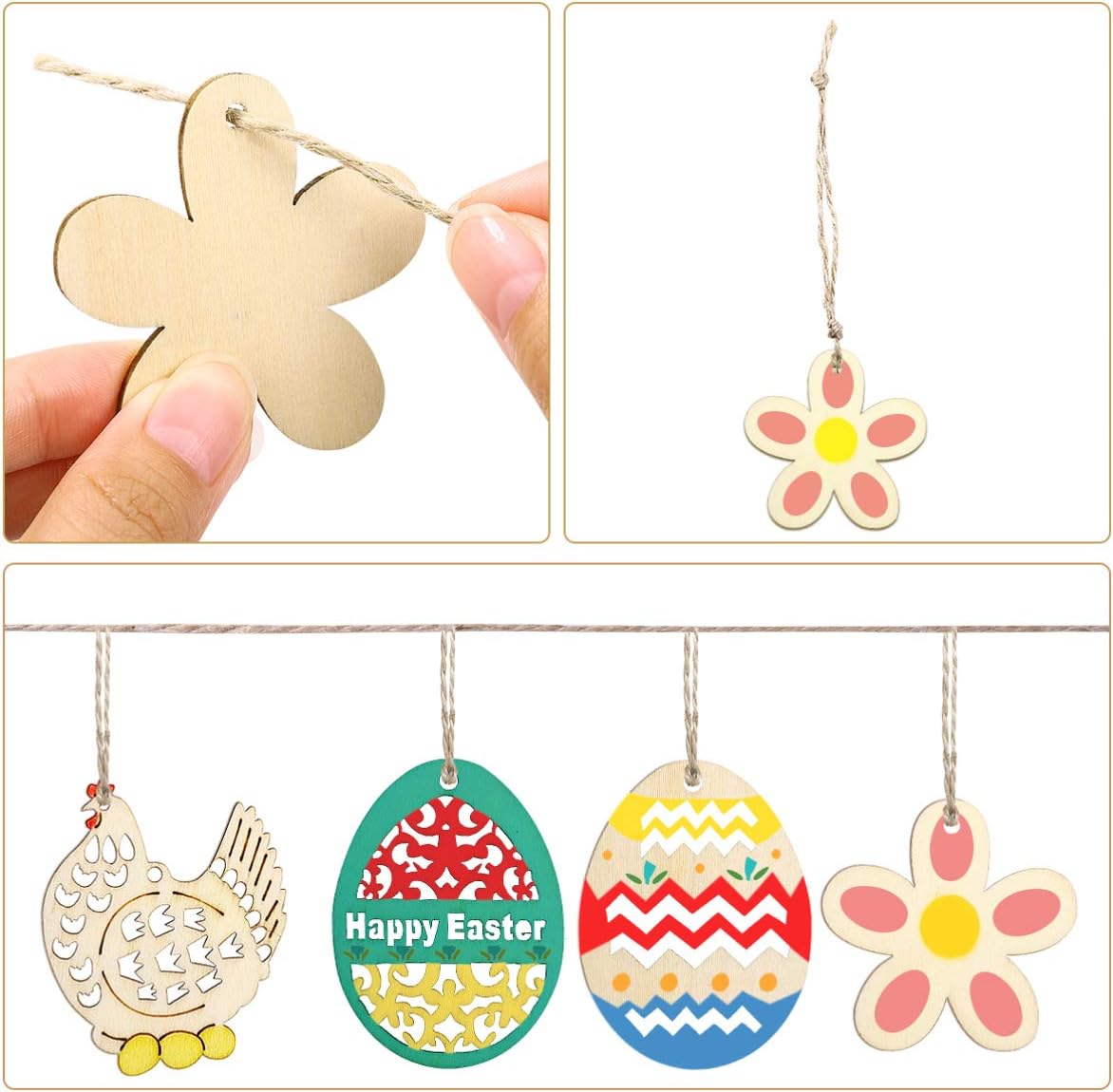 Toyvian 48 Pieces Wooden Eggs Easter Crafts Hanging Embellishments Tags Unfinished Hollow Carved Slices Pendants DIY Valentines Day Cards Ornaments Crafts Decorations
