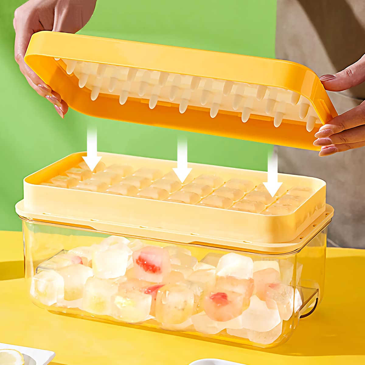 Ice Cube Tray with Lid and Container 32PCS Nugget Ice Tray with Spill-Resistant Easy-Releas Ice Cube Maker Mold&Bucket Ice Chilling Whiskey Coffee (1 Tray 1 Storage Bin 1 Scoop 1 ABS Pressing Plate)
