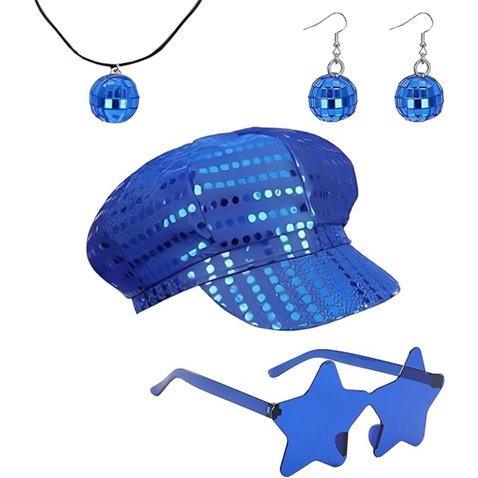 Moxychrony 4Pcs Abba Accessories, 70s Sequin Abba Hat With Earrings, Necklace, Glasses, Abba Accessories For Women for Disco Theme Parties, Music Festivals & Daily Wear, 70s Themed Party Accessories