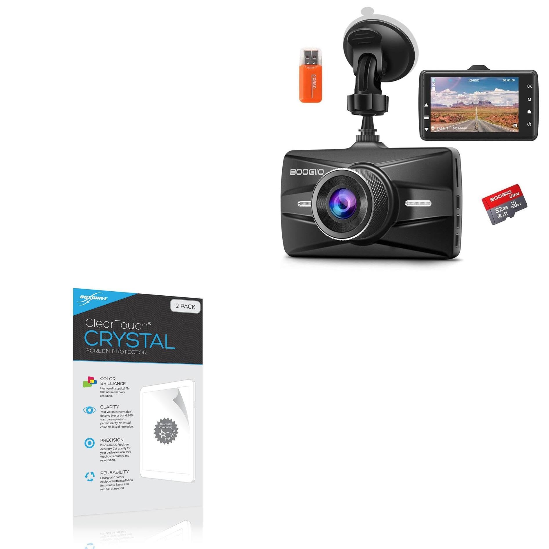 BoxWaveScreen Protector Compatible with BOOGIIO OK-831 Front Dash Cam - ClearTouch Crystal (2-Pack), HD Film Skin - Shields from Scratches