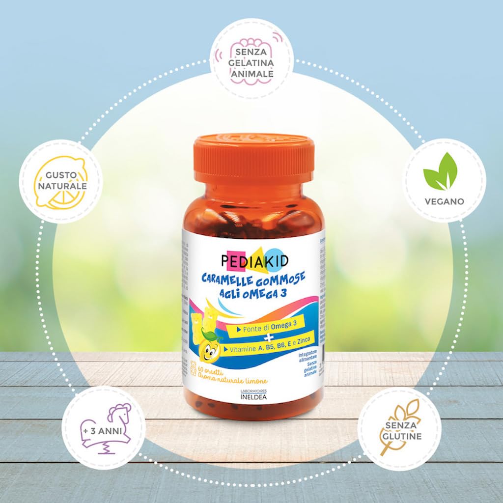 PEDIAKID - Caramelle Gommose Omega 3 - Formula naturale al delizioso aroma di Limone - Sostiene le funzioni cognitive - Contribuisce a una crescita e a uno sviluppo normali - 3 x 60 orsetti