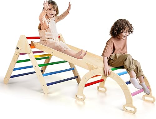 Hoohtoot Juguetes de escalada 5 en 1 para niños pequeños en el interior juego de triángulos de Pikler arcoíris con rampa deslizante de arco
