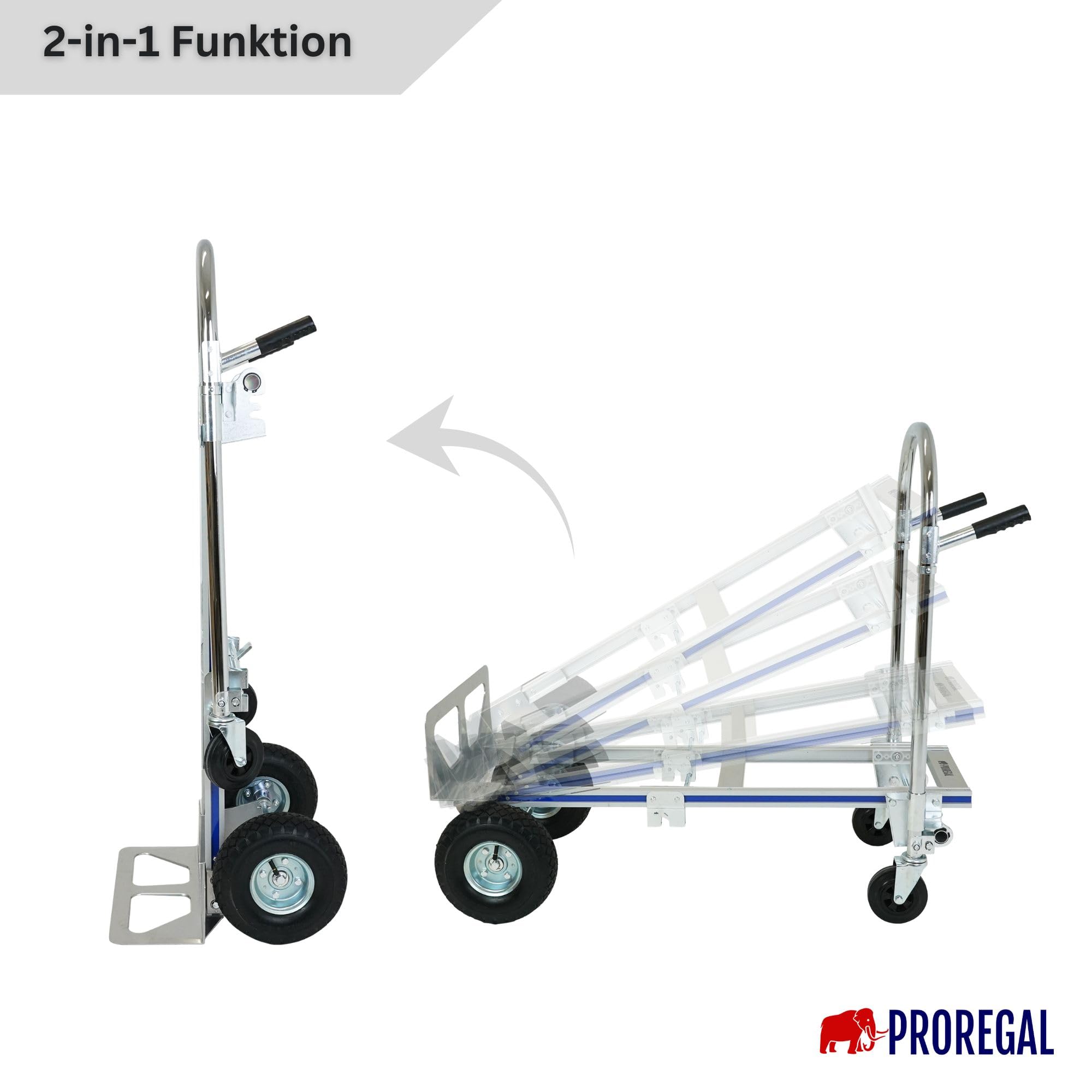 PROREGAL 2-in1 Sackkarre & Plattformwagen Apollo klappbar Traglast 350/250 kg, 2 Luftbereifung & 2 Vollgummiräder, Stahlrahmen, 131x50x48cm Transportkarre Transportwagen