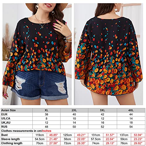 Camiseta,Henniu Blusa feminina plus size túnica estampa floral manga comprida vintage casual preto 2