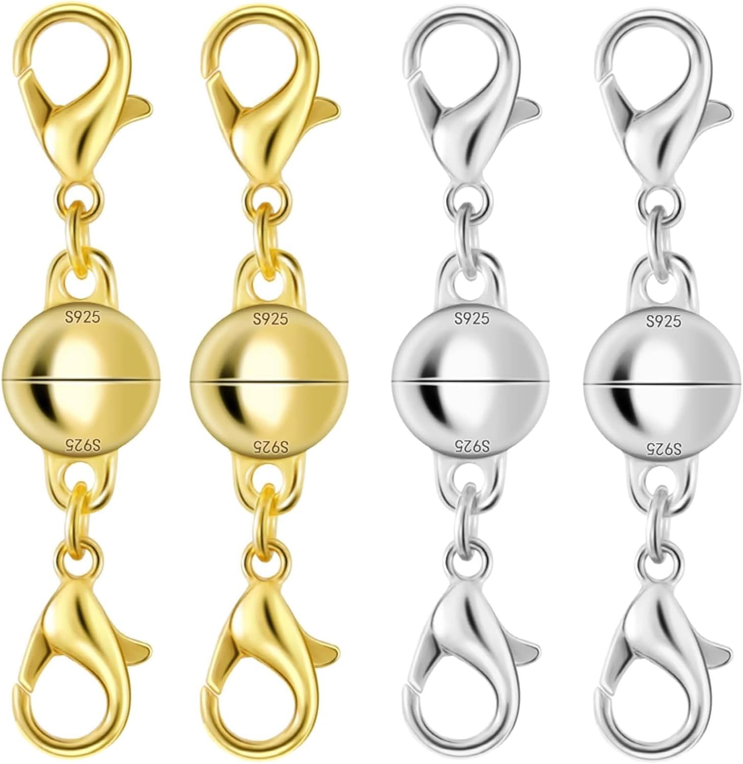 925 Sterling Silver Magnetic Necklace Clasp, Double Lobster Design, Jewelry Making Connector for Necklaces, S925 Stamped (4pcs Golden Silvery)