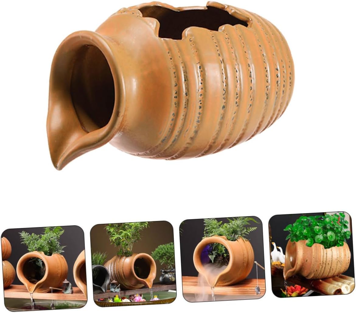 Ceramic Waterfall Jar for Hydroponic Planters Decorative Fountain for Balcony Garden Small Brown Open-top Design Unique Water Flowing Feature for Indoor Outdoor Use