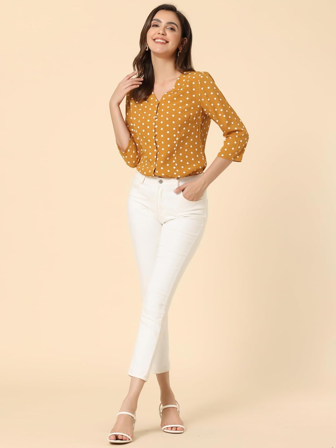 Allegra K Women's Vintage Polka Dots 3/4 Sleeve Button Front V Neck Casual Office Blouse Top - Image 3