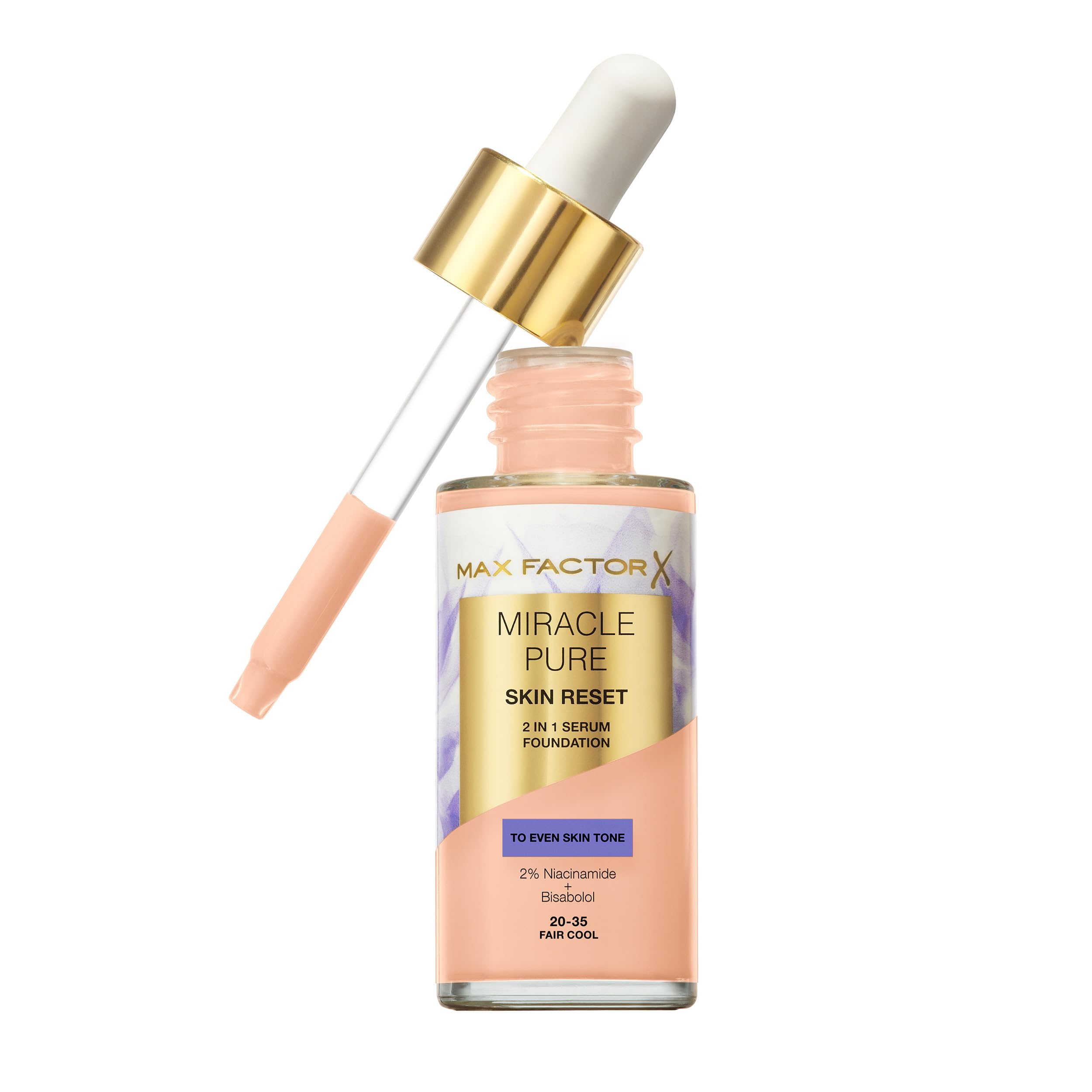 Max Factor Miracle Pure Skin Reset Serum Foundation, 20-35 Fair Cool, 2-in-1 Serum Formula, Healthy Looking Skin