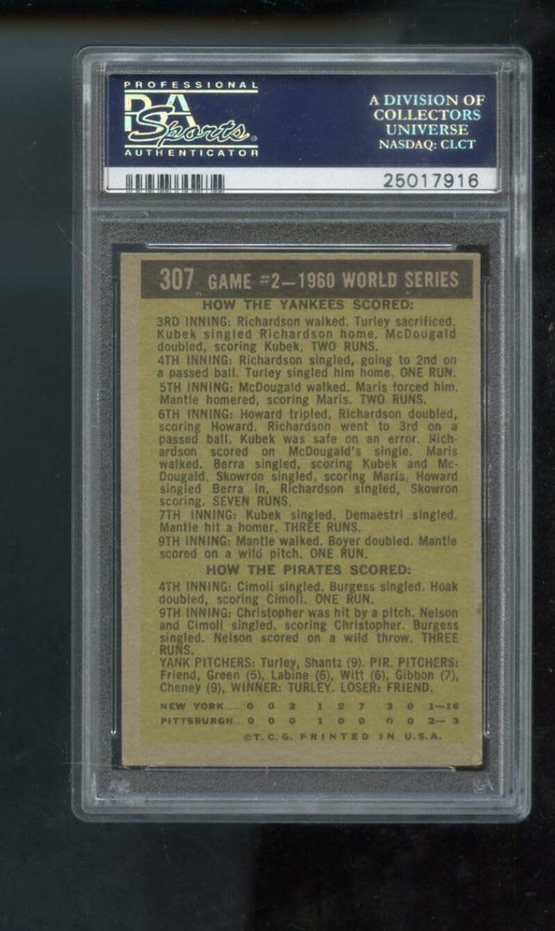1961 Topps #307 Mickey Mantle Slams 2 Homers World Series Game 2 New York Yankees MLB PSA 4 Graded Baseball Card