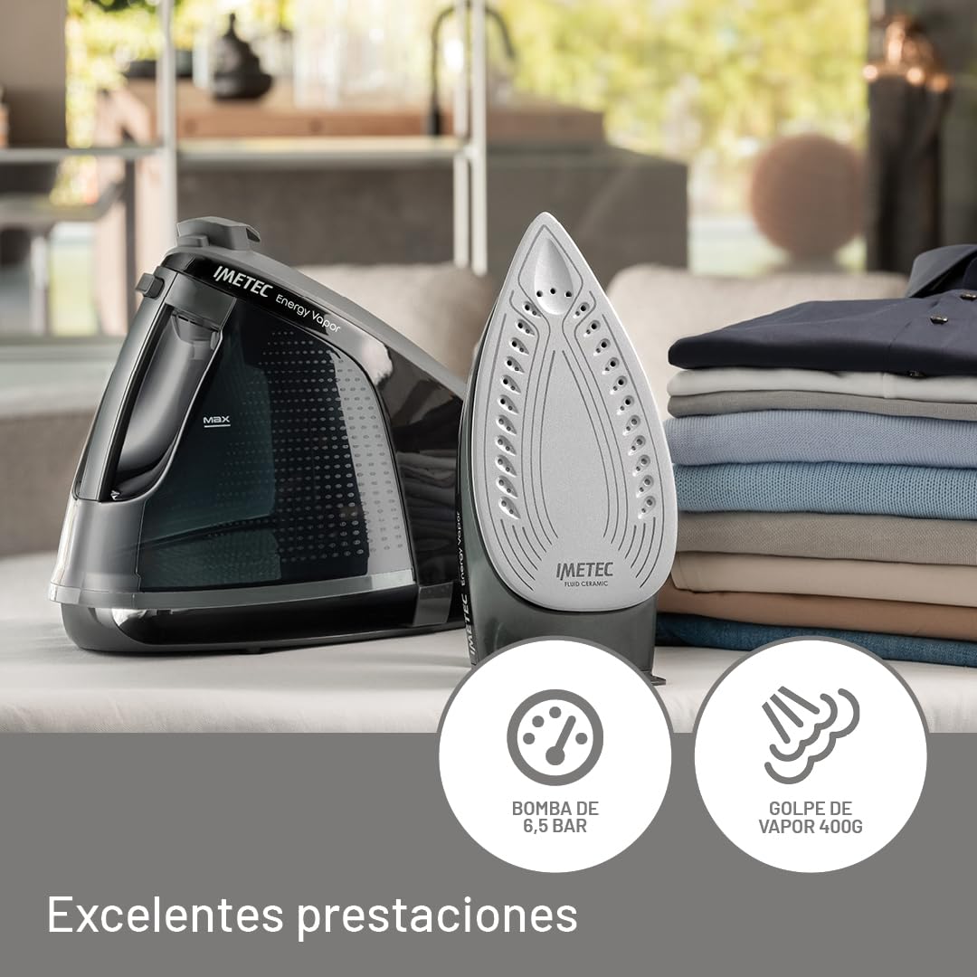 Imetec Energy Vapor Plancha con Generador de Vapor, Bomba de 6,5 BAR, 400 g de Vapor, 2400 W, Suela Fluid Ceramic, Bloqueo de la Plancha, Apagado Automático, Dispositivo de Limpieza, Tecnología ECO
