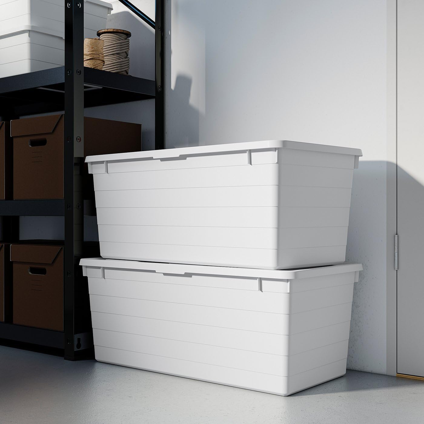 Storage Box with Lid, White Plastic Organizer, Stackable Container with Air Circulation, 15x30x11¾ – Stackable Bin for Clothes, Shoes, Sports Gear