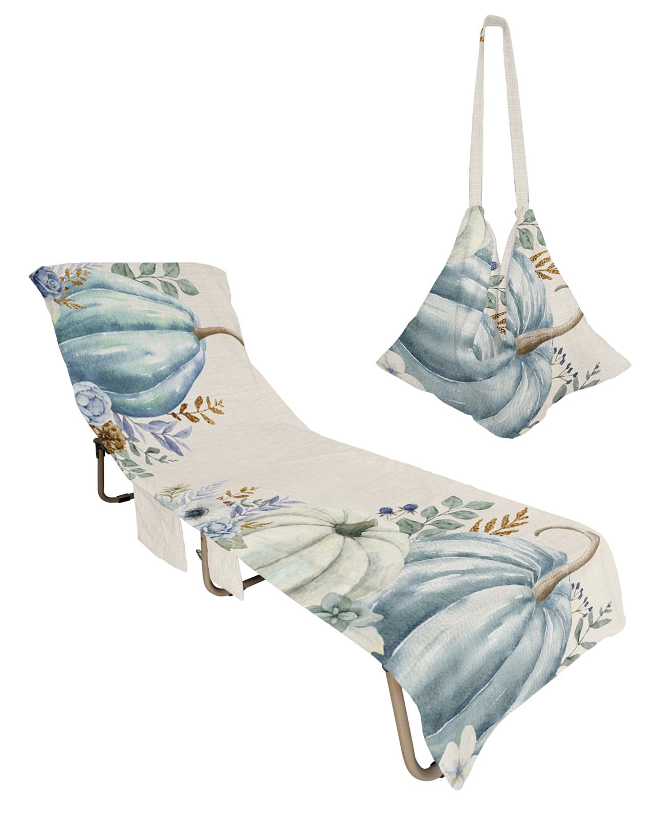 Thanksgiving Pumpkin Beach Chair Towel Covers for Chaise Lounge with Side Pocket, Soft Plush Pool Towels Cover for Patio Sunbathing Outdoor 29''x85'' Blue White Fall Eucalyptus Leaves