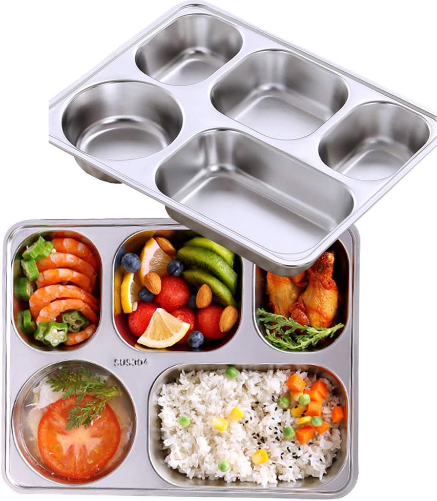 Set of 2 Stainless Steel Rectangular Divided Dinner Tray 5 Sections Dinner Plates - 304 SS Great for Adults ,Kids, Picky Eaters, Campers, and for Portion Control