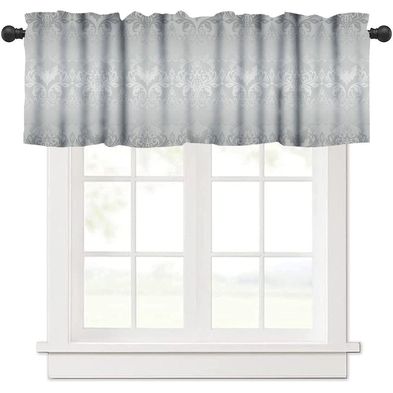 moderw Damask Gothic Vintage Window Valance Curtains Antique Silver Floral Victorian Goth Window Treatments Bat Bats Skulls Bone Bohemian Valance Curtain for Farmhouse Living Room Kitchen 54x18inch