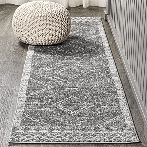 JONATHAN Y Amir Moroccan Beni Souk Gray/Cream Runner Rug, 2x20, Bohemian, Scandinavian, Easy-Cleaning for Living Room, Bedroom, Kitchen, Pet Friendly, Non-Shedding (MOH200C-220)