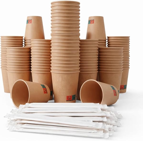 GASTROTOMI Vasos Cafe de 120 ml – 100 Unidades y 100 Paletinas Cafe Desechables de Madera con Funda, Vasos Desechables para Espresso, Degustaciones y Oficina – Vasos Carton Kraft – Pack Completo - 1