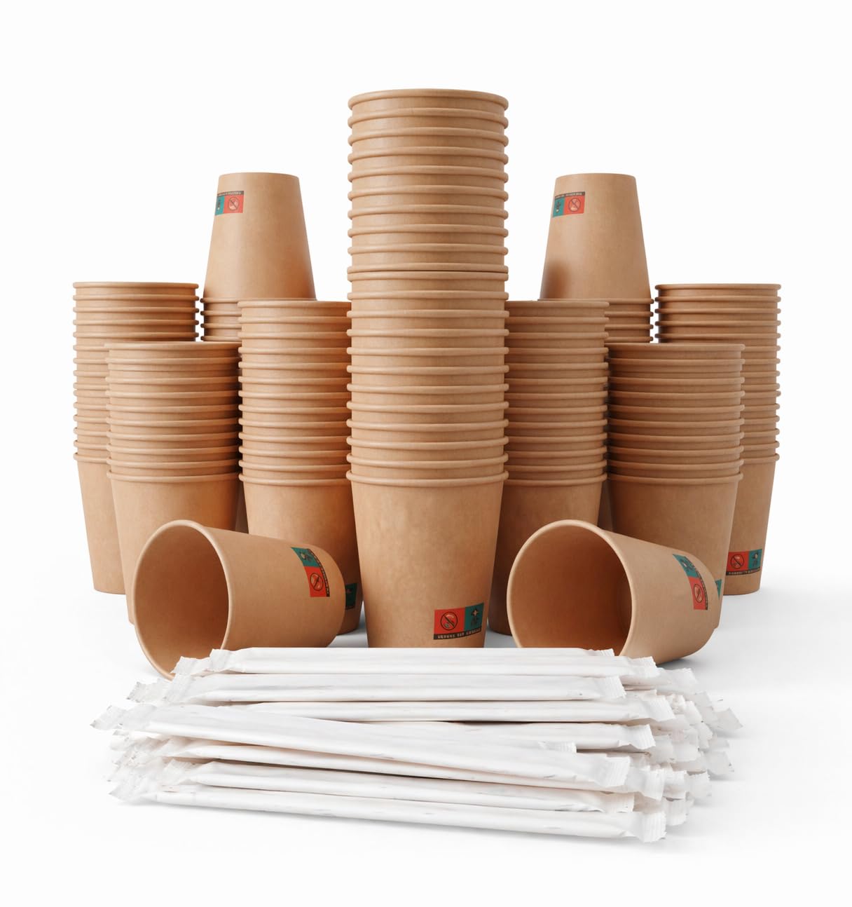 GASTROTOMI Vasos Cafe de 120 ml – 100 Unidades y 100 Paletinas Cafe Desechables de Madera con Funda, Vasos Desechables para Espresso, Degustaciones y Oficina – Vasos Carton Kraft – Pack Completo