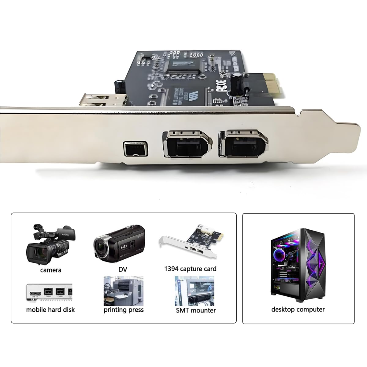 Carte PCI-E 1X 4X 16X vers Firewire 400, Carte de Capture IEEE 1394a PCI Express 4 Ports, Adaptateur IEEE-1394 400 Mbps 6 Broches et 4 Broches pour Windows, Mac OS et Linux