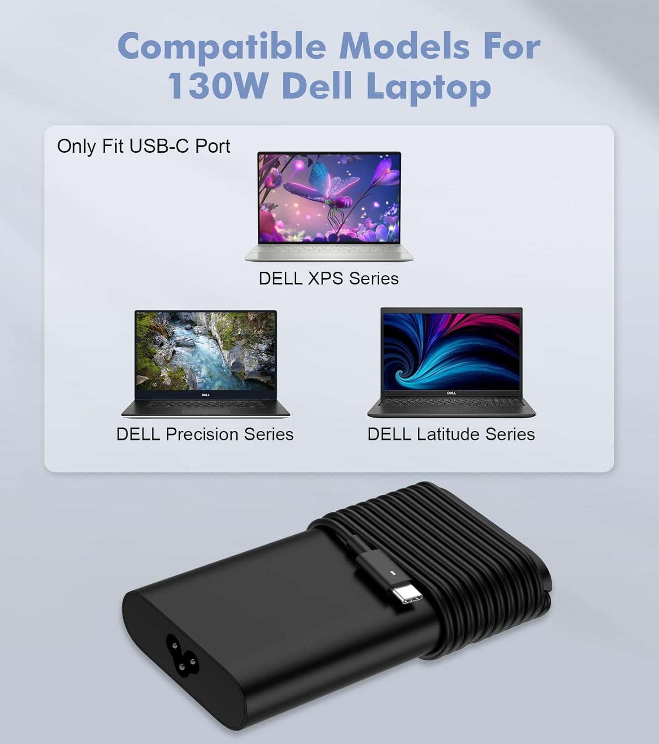 Slim Adapter Replacement for Dell 130W Laptop Charger USB C - XPS 15 17 7590 9500 9510 9700 Precision 3550 3560 3561 5510 5520 5540 5550 5560 5570 Latitude 7210 7310 7410 Type C Computer AC Power Cord