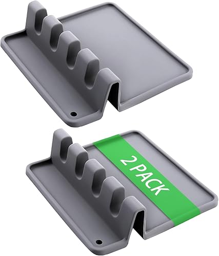 Soporte de cuchara de silicona con almohadilla de goteo para estufa (2 unidades), soporte grande para múltiples utensilios, resistente al calor y