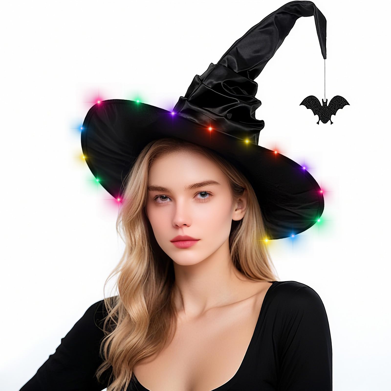 23GUANYI LED Witches Hat Adult, Large Black Witch Hat Women Halloween Decorations Wide Brim Pointed Light Up Wizard Hats Halloween Costumes Accessories for Women Party Cosplay Masquerade