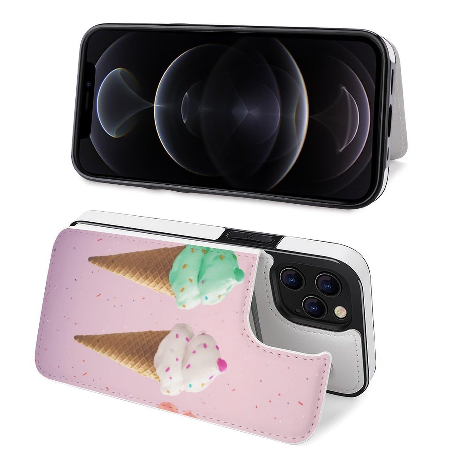 Fundas tipo cartera para iPhone 12 Pro Max, con estampado de conos de helado, funda de piel con ranuras para tarjetas
