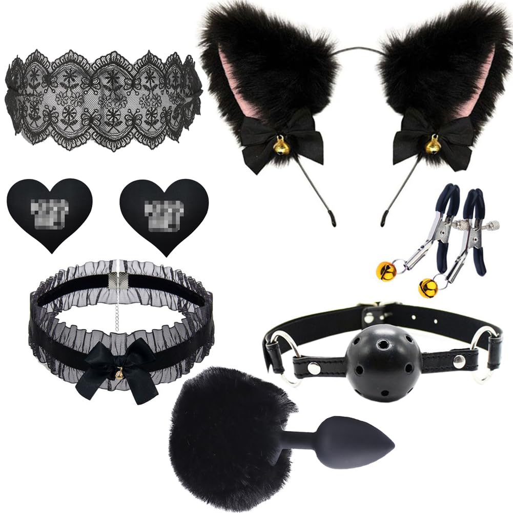 Fox Animal Costume Set Furry Ear Headband Bunny Fox Tail Anal Plug Lace Choker Nipple Breast Clamp Clip Cat Claw Sock