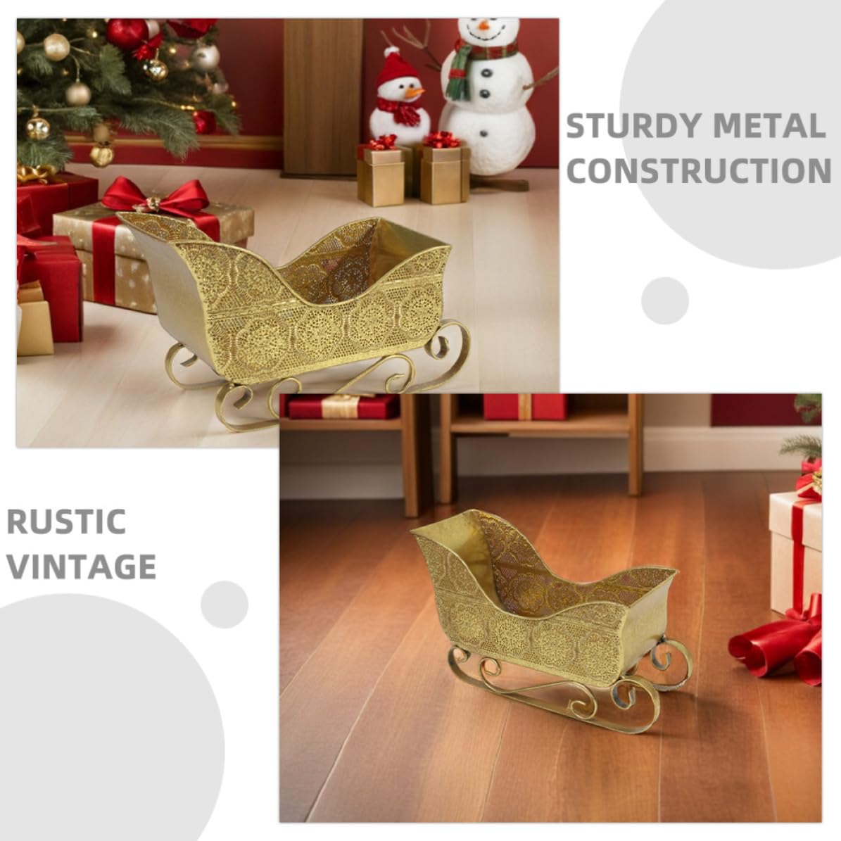 Kichvoe Trineo Decorativo Navideño de Hierro Dorado para Centro de Mesa