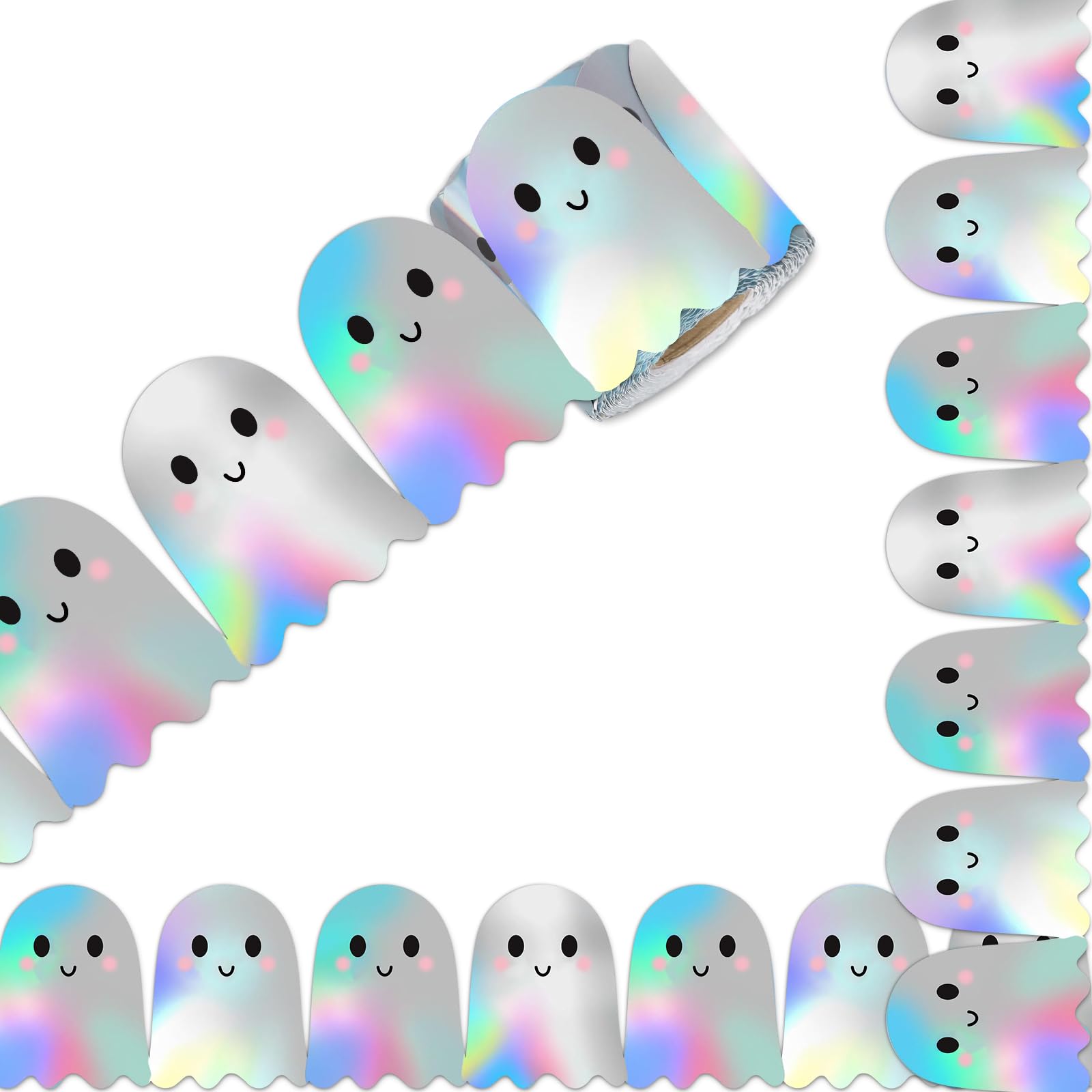 Whaline 65.6 Ft Halloween Ghost Bulletin Board Border Holographic Ghost Die Cut Trim Border Roll for Halloween Classroom Chalkboard Decor